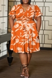 Green Casual Floral Print Belted V Neck Ruffle Sleeve Crop Tops And Pleated Midi Skirt Vacation Plus Size Two Pieces Dress Set