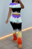 Multicolor Casual Street Stripe Splashed ink Print O Neck Short Sleeve Crop T-shirt And Flare Leg Pants Two Pieces Trouser Sets