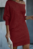 White Silver Sequin Evening Party Gown Oblique Collar Long Sleeve Mini Dresses