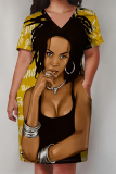 Yellow African Girl Print V Neck Short Sleeve Pocket Casual Outing Plus Size T Shirt Midi Dress