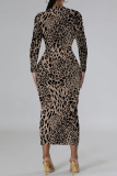 Casual Outing Snakeskin Leopard Print O Neck Long Sleeve Bodycon Maxi Dress
