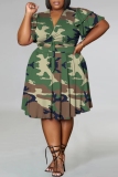 Green Casual Floral Print Belted V Neck Ruffle Sleeve Crop Tops And Pleated Midi Skirt Vacation Plus Size Two Pieces Dress Set