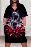 Rose Red African Girl Flowers Print V Neck Short Sleeve Pocket Casual Outing Plus Size T Shirt Midi Dress