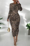 Casual Outing Snakeskin Leopard Print O Neck Long Sleeve Bodycon Maxi Dress