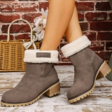 Grey Casual Round Keep Warm Comfortable Mid-Calf Boots with Fluffy Lined Cuff And Chunky Heel Shoes
