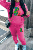 Grey Cartoon Letter Print Long Sleeve Fleece Hooded Sweatshirt and Drawstring Pants Sportwear Casual Two Pieces Sweatpant Set