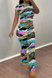 Multicolor Casual Street Stripe Splashed ink Print O Neck Short Sleeve Crop T-shirt And Flare Leg Pants Two Pieces Trouser Sets