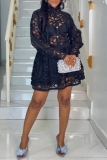 Black Casual Hollow Out Buttons See-Through Shirt Collar Long Sleeve Embroidered Blouse And Mini Skirt Two Pieces Dress Sets