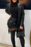 Black Casual Buttons With Belt Turndown Collar Long Sleeve PU Leather Jackets
