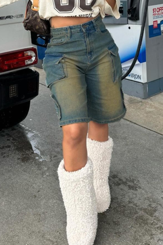 Blue Yellow Casual Pocket Buttons Patchwork Zipper Mid Waist Straight Distressed Denim Cargo Shorts