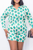 Green Casual Graphcis Print Buckle Patchwork Turndown Collar Long Sleeve Blouse And Shorts Two Pieces Shorts Sets