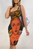 Black African Girl Print Sleeveless Backless U Neck Wrapped Skirt Casual Outing Bodycon Midi Tank Dresses