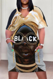 Rose Red African Girl Flowers Print V Neck Short Sleeve Pocket Casual Outing Plus Size T Shirt Midi Dress