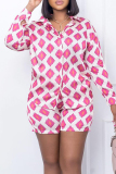 Green Casual Graphcis Print Buckle Patchwork Turndown Collar Long Sleeve Blouse And Shorts Two Pieces Shorts Sets