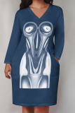 Black Flowers Butterfly Print Pocket V Neck Long Sleeve Casual Outing Plus Size T Shirt Midi Dress