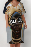 Rose Red African Girl Flowers Print V Neck Short Sleeve Pocket Casual Outing Plus Size T Shirt Midi Dress