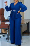 Black Formal Office V Neck Long Sheer Puff Sleeve Fitted Peplum Blouse and Wide Leg Pants Two Pieces Trouser Sets