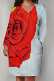 Black Flowers Butterfly Print Pocket V Neck Long Sleeve Casual Outing Plus Size T Shirt Midi Dress