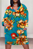Black Flowers Butterfly Print Pocket V Neck Long Sleeve Casual Outing Plus Size T Shirt Midi Dress