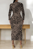Casual Outing Snakeskin Leopard Print O Neck Long Sleeve Bodycon Maxi Dress
