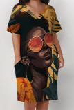 Brown African Girl Flower Print V Neck Short Sleeve Casual Outing Plus Size T Shirt Midi Dress with Pockets
