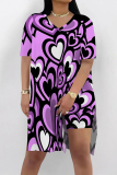 Purple Casual Love Print Slit Contrast V Neck Short Sleeve Oversize T-shirt And Shorts Two Pieces Shorts Sets