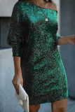 White Silver Sequin Evening Party Gown Oblique Collar Long Sleeve Mini Dresses