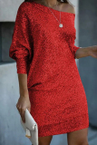 White Silver Sequin Evening Party Gown Oblique Collar Long Sleeve Mini Dresses