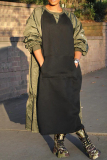 Army Green Casual Outing Vacation O Neck Long Sleeve Black Patchwork Front Long Loose Maxi Dresses