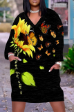Black Flowers Butterfly Print Pocket V Neck Long Sleeve Casual Outing Plus Size T Shirt Midi Dress