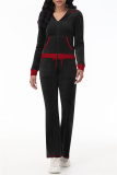 Black Casual Patchwork Hooded Long Sleeve Jackets And Flare Leg Sweatpants Sportwear Two Pieces Jogger Sets