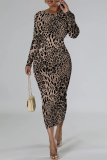 Casual Outing Snakeskin Leopard Print O Neck Long Sleeve Bodycon Maxi Dress