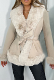Black Patchwork Strap Design Cardigan Collar Long Sleeve Faux Fur Belted PU Leather Jackets