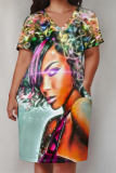 Yellow African Girl Print V Neck Short Sleeve Pocket Casual Outing Plus Size T Shirt Midi Dress