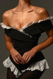 Black Lace Trim Patchwork Sleeveless Backless Contrast Off Shoulder Jumpsuits One Piece Bodysuit