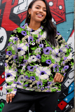 Purple Green Casual Floral Print Hooded Long Sleeve Fall Winter Sweatshirt