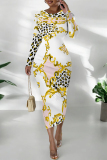 Casual Outing Snakeskin Leopard Print O Neck Long Sleeve Bodycon Maxi Dress