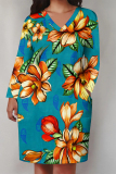 Black Flowers Butterfly Print Pocket V Neck Long Sleeve Casual Outing Plus Size T Shirt Midi Dress