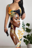 Black African Girl Print Sleeveless Backless U Neck Wrapped Skirt Casual Outing Bodycon Midi Tank Dresses