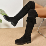 Black Casual Fringed Trim Round Keep Suede Women's Over-the-Knee Boots