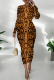 Casual Outing Snakeskin Leopard Print O Neck Long Sleeve Bodycon Maxi Dress