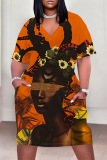 Brown African Girl Flower Print V Neck Short Sleeve Casual Outing Plus Size T Shirt Midi Dress with Pockets