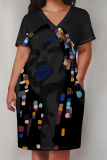 Rose Red African Girl Flowers Print V Neck Short Sleeve Pocket Casual Outing Plus Size T Shirt Midi Dress