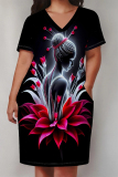 Rose Red African Girl Flowers Print V Neck Short Sleeve Pocket Casual Outing Plus Size T Shirt Midi Dress