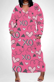 Rose Red Casual Graffiti Heart Shaped Lips Print O Neck Long Sleeve Straight Loose Vacation Plus Size Maxi Dresses