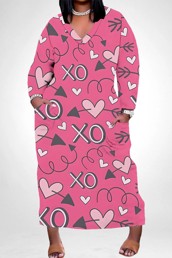 Rose Red Casual Graffiti Heart Shaped Lips Print O Neck Long Sleeve Straight Loose Vacation Plus Size Maxi Dresses