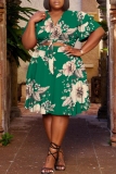 Green Casual Floral Print Belted V Neck Ruffle Sleeve Crop Tops And Pleated Midi Skirt Vacation Plus Size Two Pieces Dress Set