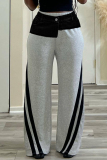 Grey with Denim Patchwork Casual Outing Pocket Buttons Zipper Loose Mid Waist Striped Wide Leg Sweatpants
