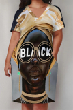 Rose Red African Girl Flowers Print V Neck Short Sleeve Pocket Casual Outing Plus Size T Shirt Midi Dress
