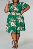 Green Casual Floral Print Belted V Neck Ruffle Sleeve Crop Tops And Pleated Midi Skirt Vacation Plus Size Two Pieces Dress Set